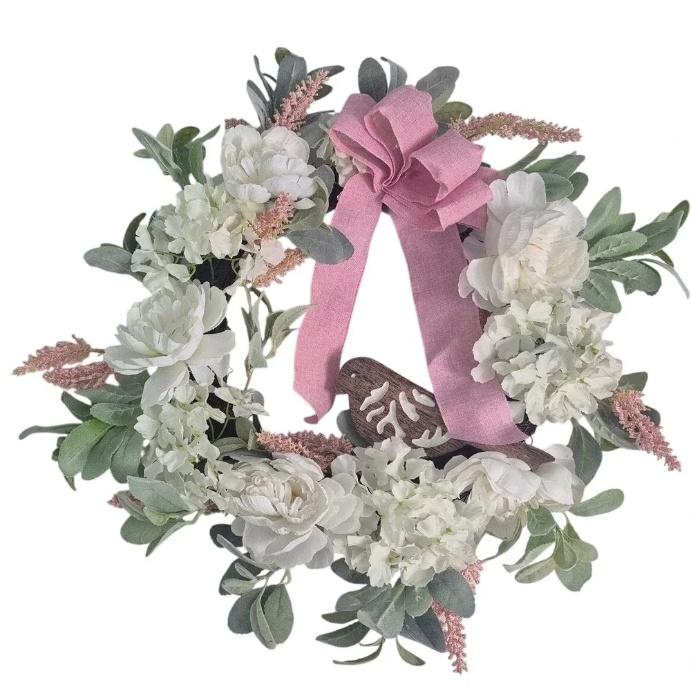 Floral Wreath Ashland White Pink Bird Bow Farmhouse Spring Decor